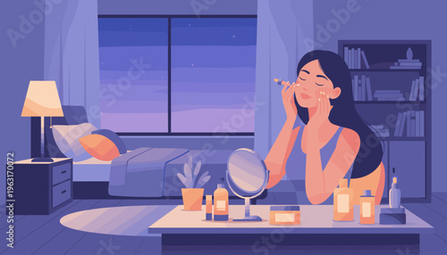 A serene woman applies face serum during her nightly skincare routine in a cozy bedroom. Perfect for beauty, self-care, wellness, and cosmetic product concepts.