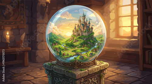 A magical crystal ball holds a miniature fairytale kingdom with a castle and village. Set in a warm, mystic room, it evokes wonder and imagination. Perfect for fantasy themes.