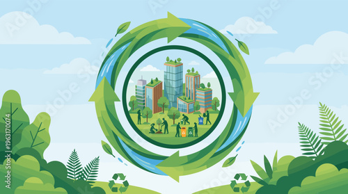 Vector illustration of a circular economy. A sustainable green city with people recycling and planting trees. Concept for environment, ESG, and corporate social responsibility.