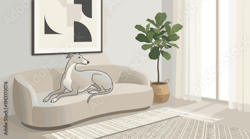 An elegant greyhound dog relaxes on a sofa in a modern, beige living room interior. Calm, minimalist scene for home decor, pet care, or lifestyle concepts.