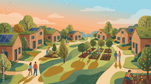 A vibrant community in an eco village with sustainable living. Green houses have solar panels, illustrating a utopian lifestyle and renewable energy.