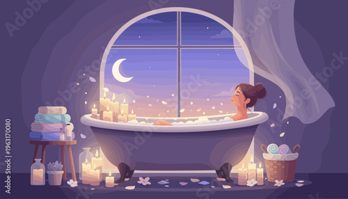 A woman peacefully relaxes in a bubble bath at night, surrounded by candles. This tranquil illustration evokes self-care, wellness, and mindfulness for a spa or beauty concept.