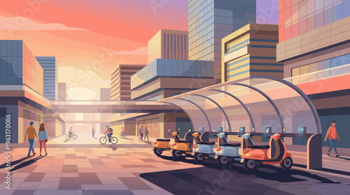 Vector illustration of a modern city at sunset. People walk by an electric scooter sharing station, showing sustainable urban mobility and a futuristic eco-friendly lifestyle concept.