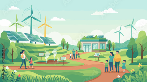 Families with children learn about renewable energy like solar, wind, and geothermal in a green park. A hopeful illustration for sustainability and eco-friendly future concepts.