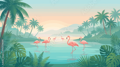 A serene vector landscape of pink flamingos in a tropical jungle lagoon with palm trees at sunset. A tranquil, exotic background for travel, nature, or summer themes.