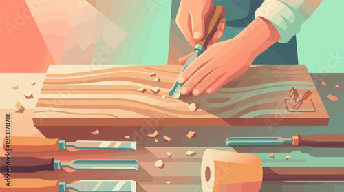 A detailed illustration of a skilled artisan's hands carving wood with a chisel. This image evokes creativity and craftsmanship, perfect for blogs on hobbies or handmade businesses.