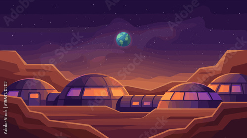 Futuristic colony on a red planet. A sci-fi landscape with a human base under a starry night sky with Earth in view. Ideal for space exploration or technology themes.