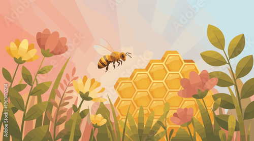A stylized illustration of a honey bee flying to a honeycomb amidst colorful flowers. This warm, natural scene is perfect for organic products, environmental themes, or spring designs.