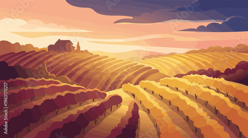 Stylized illustration of a beautiful autumn vineyard landscape with a farmhouse on rolling hills during a warm sunset. Perfect for wine branding, travel, or nature concepts.