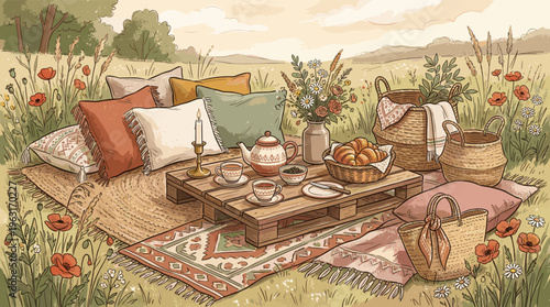 A cozy illustration of a romantic picnic in a summer meadow. This aesthetic scene features tea, croissants, and bohemian decor. Perfect for lifestyle and cottagecore themes.