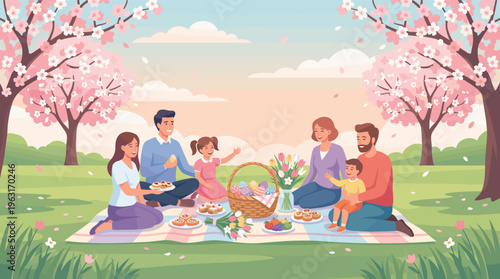A large happy family celebrating Easter on a picnic in a spring park under blooming cherry trees. A joyful scene of togetherness for holiday designs.