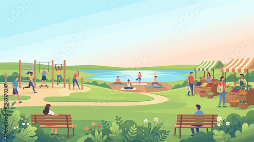 Vector illustration of people enjoying a healthy lifestyle in a park with yoga, outdoor gym, and a farmers market. Concept of community, wellness, and city life.