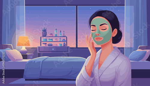 A serene woman in a bathrobe applies a beauty face mask. Her evening skincare routine in a cozy bedroom promotes self-care, relaxation, and wellness. Vector illustration.