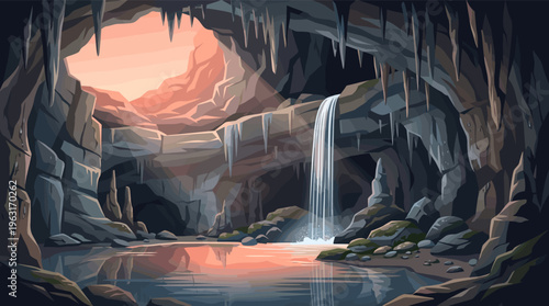 A stunning illustration of a magical cave with a waterfall flowing into a serene lake. The warm light from the opening creates a mysterious, adventurous mood. Ideal for fantasy art.