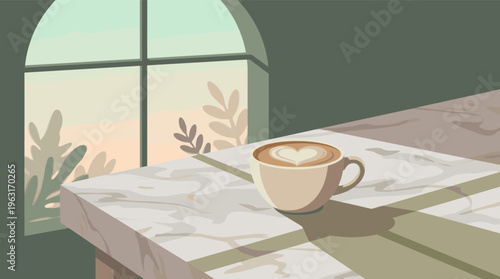 A serene illustration of a morning coffee with heart latte art on a marble table. Sunlight from a window creates a calm, cozy vibe. Perfect for cafe or lifestyle concepts.