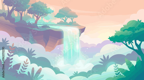 A serene fantasy landscape with a waterfall cascading into misty clouds. This vector illustration in pastel colors evokes a calm, magical mood, perfect for backgrounds or travel themes.