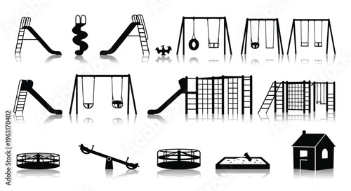Playful silhouettes of classic children's outdoor play equipment and structures