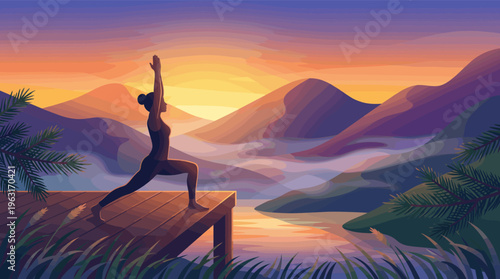 Illustration of a woman practicing yoga at sunrise in the mountains. A peaceful, tranquil scene perfect for health, wellness, and meditation concepts.