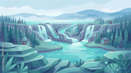 Vector illustration of a hydroelectric dam generating clean renewable energy. A serene mountain landscape with a river, forest, and solar-powered homes. Ideal for ecology themes.