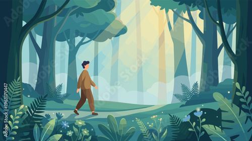 Vector illustration of a man walking on a path in a tranquil forest. Sunbeams shine through trees, creating a peaceful, hopeful mood. For wellness, nature, or journey concepts.