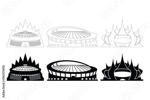Modern stadium architecture silhouette vector set