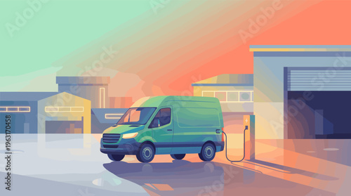 A green electric delivery van recharges at a station in a modern industrial depot. Concept for e-mobility, sustainable logistics, future transport, and green energy technology.