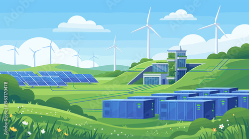 Illustration of a green data center with battery storage, powered by a solar farm and wind turbines. Concept for renewable energy, sustainability, and eco-friendly technology.
