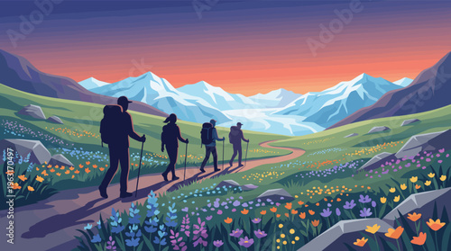 Vector illustration of friends hiking in a mountain valley at sunset. A serene adventure scene for travel, wellness, and outdoor lifestyle concepts.