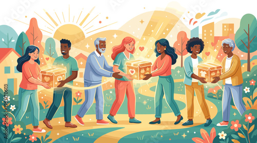 A hopeful illustration of a diverse community volunteering. Happy people pass glowing donation boxes, symbolizing charity, unity, and social support.