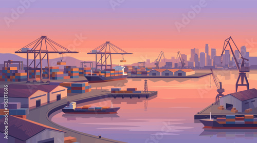 A scenic illustration of a busy industrial seaport at sunset. Cranes load cargo onto ships in a calm harbor with a city skyline. Ideal for logistics and global trade concepts.