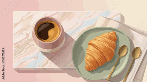 A relaxing morning breakfast illustration with fresh coffee and a croissant on a marble tray. Aesthetic flat lay perfect for cafe menus, blogs, and social media posts.