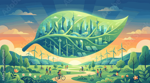 A futuristic green city inside a giant leaf, powered by wind and solar energy. People enjoy nature below. Concept for sustainability, ecology, and future urban living.