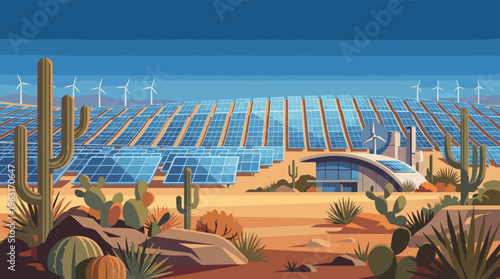 Vector illustration of a solar farm and wind turbines in a desert. A modern facility shows sustainable renewable energy production. Ideal for green technology and future concepts.