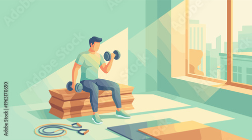 Illustration of a young man working out with dumbbells in a sunlit home gym. This vector art represents a healthy lifestyle, fitness, and daily routine.