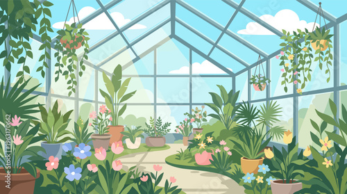A sunlit glass greenhouse full of lush plants and blooming flowers. A peaceful vector illustration, perfect for nature, gardening, wellness, or ecology backgrounds.