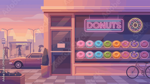 Cozy donut shop on a city street at sunset. A neon sign illuminates the storefront window display. Perfect for background, food blog, or small business concept.