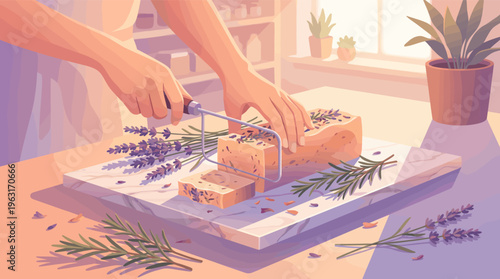Vector illustration of hands cutting a block of handmade lavender soap on a marble board. This calm, artisanal scene is perfect for wellness, beauty, or small business concepts.