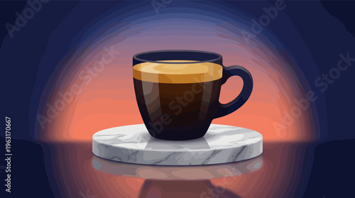 Elegant illustration of black coffee on a marble pedestal with dramatic spotlight effect. This modern, premium image is perfect for cafe branding and beverage advertising.