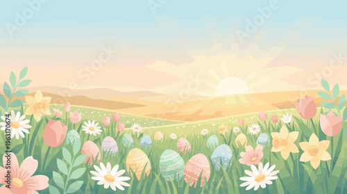 Vibrant Easter landscape with decorated eggs hidden in green grass among spring flowers. A warm sunrise over rolling hills creates a cheerful scene for holiday greetings.