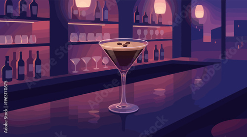 A stylish espresso martini cocktail in a glass sits on a reflective bar counter. Moody, atmospheric vector illustration for nightlife promotions, menus, or party invitations.