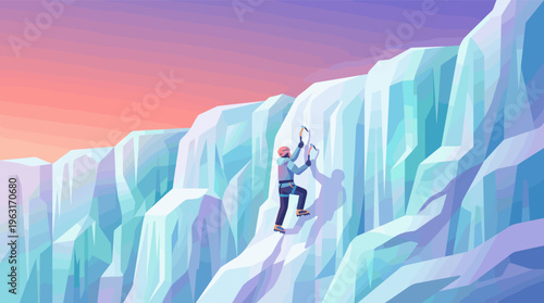 Vector illustration of a brave alpinist ice climbing a frozen glacier. Concept of challenge, perseverance, and reaching goals. Ideal for motivation and business success themes.
