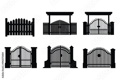 Gate and fence silhouettes vector set, entrance and boundary icons