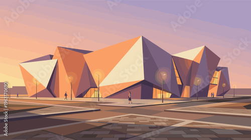 A modern architectural building at sunset. This peaceful vector illustration shows a futuristic city plaza with people walking. Ideal for urban, tech, or business backgrounds.