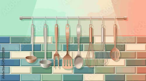 A set of kitchen utensils hanging on a rack against a colorful tiled wall. This modern vector is perfect for food blogs, recipes, or as a culinary background.
