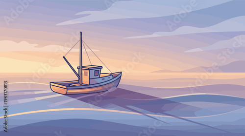 A serene illustration of a lone fishing boat on a calm sea at sunset or sunrise. The peaceful seascape with soft pastel colors evokes tranquility. Perfect for travel or nature themes.