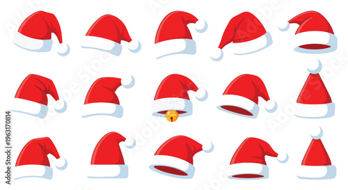 Collection of various red Santa hats in different orientations and angles for Christmas decoration ideas