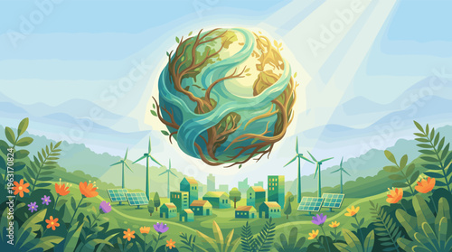 Vector illustration of a green city with solar panels and wind turbines. A lush Earth floats above, symbolizing harmony, sustainability, and a clean future for our planet.