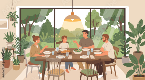 Happy people share a meal at a wooden table in a bright room. A warm vector illustration of a family gathering, friendship, and togetherness. Ideal for lifestyle concepts.