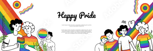 Many Diverse Couples And Friends Celebrating Happy Pride Month With Rainbow Flags