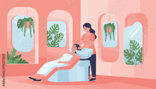 A woman enjoys a relaxing hair wash from a professional hairdresser in a modern, stylish beauty salon. Perfect for wellness, spa, and hair care concepts.